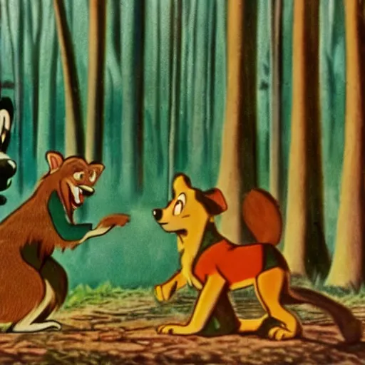 Image similar to 1940s disney film about talking forest animals super high detail