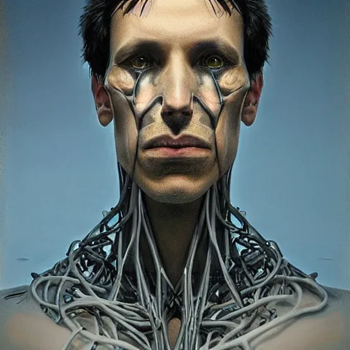 Image similar to surreal portrait of a man by Greg Rutkowski, symmetrical face, he is about 50 years old, short black hair with bangs, his features are a mix between French, Turkish and Russian, transformed into a kind of biomechanical transhuman god, blue glowing eyes, expression of epiphany and determination, cosmic void background, frightening, fascinating, highly detailed portrait, digital painting, book cover, artstation, concept art, smooth, sharp foccus ilustration, Artstation HQ