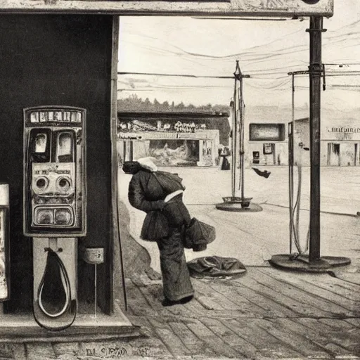 Prompt: a black monster in a gas station, vintage photography of a painting by segantini