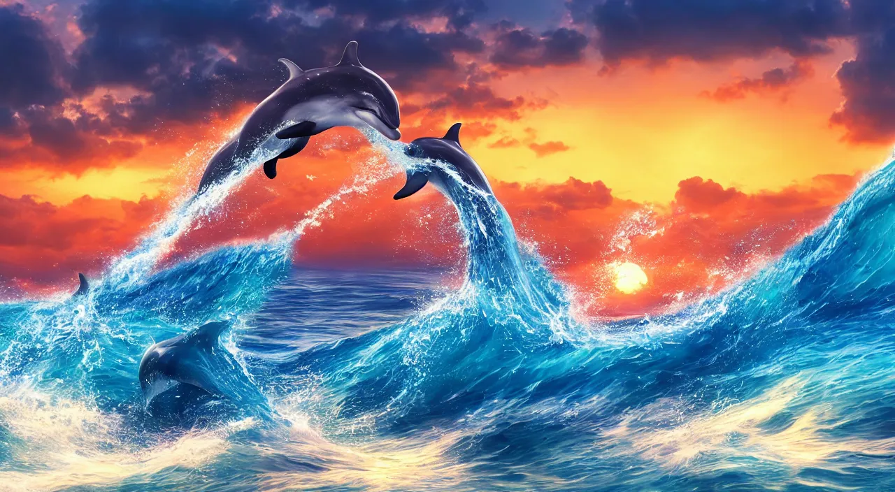 epic dolphins jumping out of the water, anime | Stable Diffusion