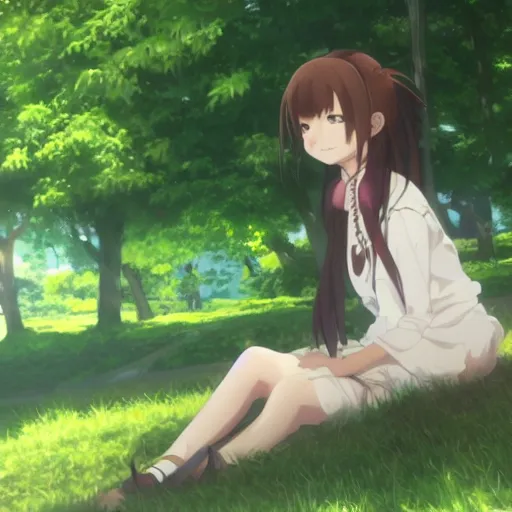 Image similar to photorealistic, a beautiful smiling anime girl with brown hair and high ponytail sitting under a tree, anime key visual, digital art, anime screenshot, kyoto animation, makoto shinkai, trending on pixiv