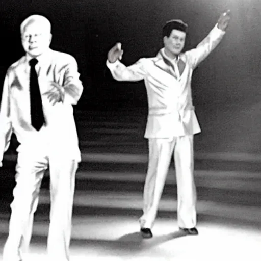 Image similar to A still of Khrushchev wearing a disco suit in Saturday Night Fever