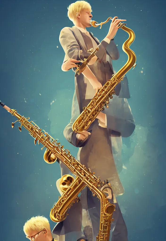 Prompt: a highly detailed illustration of a blond man with nice cloths playing the sax, on a nice calm serene environment, nature fractal on the background artstation, DeviantArt, professional, octane render, vector art