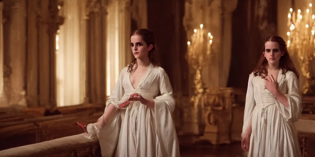 Prompt: Emma Watson long hair flowing robes baroque room cinematic lighting stanley kubrick barry lyndon Canon eos M50 50mm