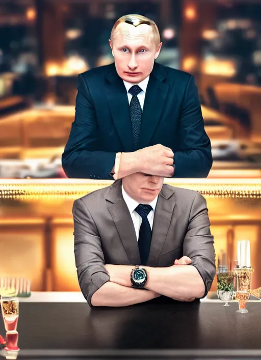 Image similar to a professional photo of person looking like vladimir putin sitting on bar, hand on table, wear watches looking like rolex watches, taken in night club, blur background