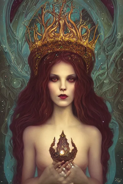 Prompt: jeweled Crown, other worldly, fairy autumn court, art nouveau, by Anato Finnstark, Tom Bagshaw, Brom