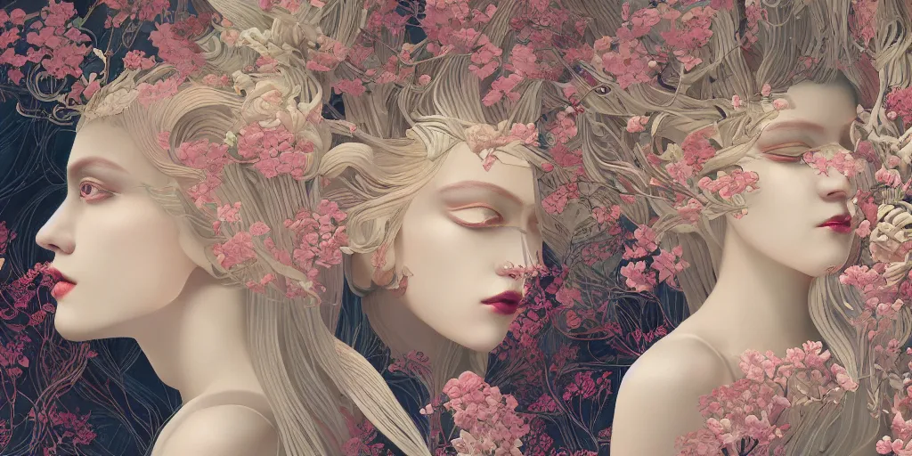 Image similar to breathtaking detailed concept art painting art deco pattern of blonde faces goddesses amalgamation flowers, by hsiao - ron cheng, bizarre compositions, exquisite detail, extremely moody lighting, 8 k