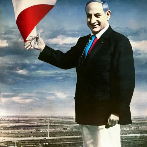 Image similar to portrait of Benjamin Netanyahu grinning and crossing arms, Hindenburg disaster in background, colored, rich vivid colors, official media, HQ