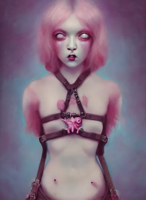 Image similar to pop surrealism, lowbrow art, realistic cute girl painting, pink body harness, shibari, hyper realism, muted colours, rococo, natalie shau, loreta lux, tom bagshaw, trevor brown style,