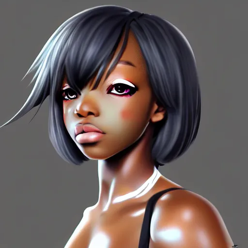 Image similar to black anime manga girl, wearing camo, white french bob, throwing punch pose, realistic, 4 k, artstation, highly detailed, detailed face