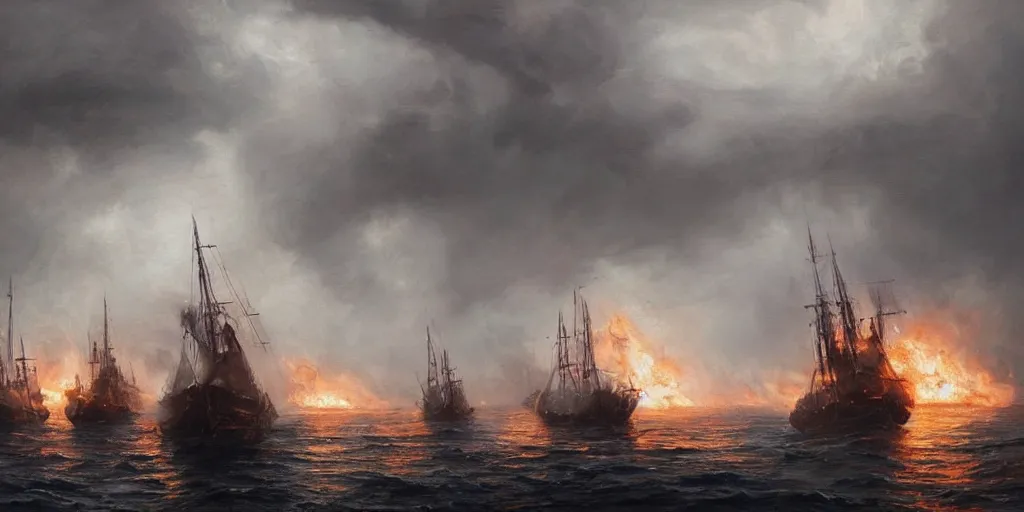 Prompt: Hyper realistic oil painting of several medieval ships burning brightly, pillars of dark smoke rising from the ships, fire in the background, stormy weather, dark storm clouds above, highly detailed, fog, moody cinematic lighting, atmospheric, dark, by Greg Rutkowski, trending on artstation