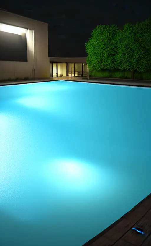 Image similar to swimming pool at night, soft render, volumetric lighting, 3d grainy illustration