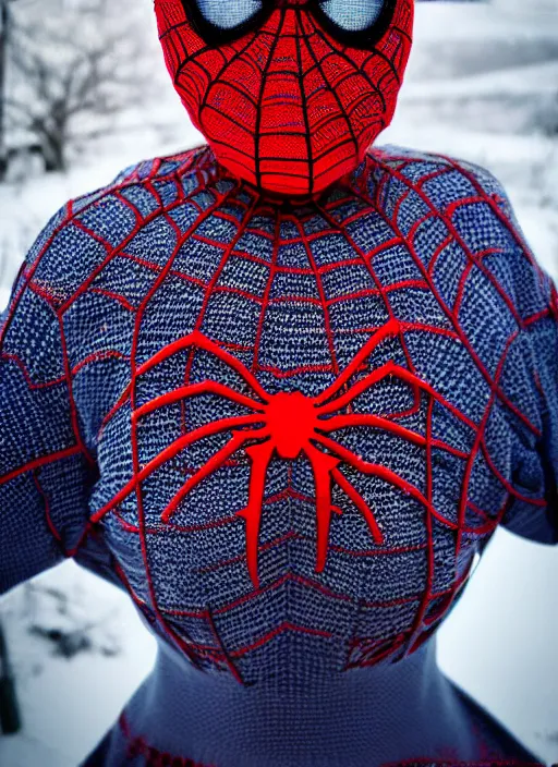 Prompt: stunning photograph of ( ( granny spiderman ) ) in rural russia, knitted spidersuit, babushka, closeup, aperture 1. 2, red blue, fighting crime