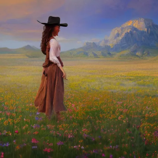 Image similar to a matte painting of the wild west, woman standing in patchy flower, oil painting, pale colors, high detail, 8 k, wide angle, trending on artstation,