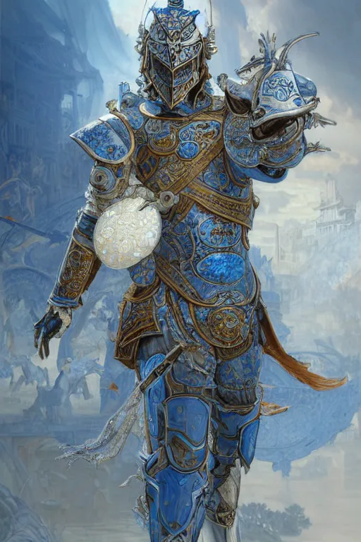 Image similar to portrait knights of Zodiac male, Chinese Blue and white porcelain reflected armor, in ruined Agora of Athens Sunrise, ssci-fi and fantasy, intricate and very very beautiful and elegant, highly detailed, Frostbite Engine, digital painting, artstation, concept art, smooth and sharp focus, illustration, art by tian zi and WLOP and alphonse mucha