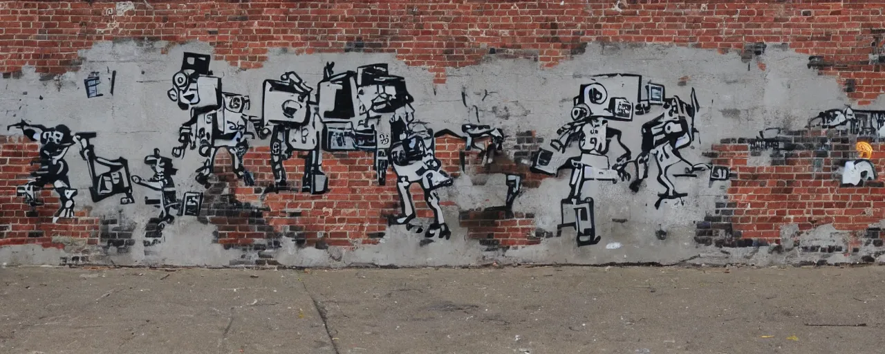 Image similar to a brick wall with banksy style graffity showing march of robots, hyperrealistic, 8k, trending on twitter