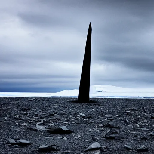 Image similar to a obelisk in antarctica. overcast sky, grainy.