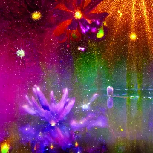 Image similar to crystalline flowers illuminate the otherworldly dichroic pond, fog, godlight, happy, colorful, glow, stars, golden ratio