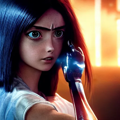 Image similar to Ana De Armas as Alita in Alita:Battle Angel, Film Still, 35mm dramatic lighting, cinematic, deep focus, styleframe,