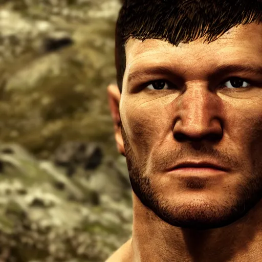 Image similar to character screenshot of michael bisping, npc talking, skyrim, wilderness, 1 0 8 0 p, bokeh, elder scrolls v, detailed, dialog text, eyepatch