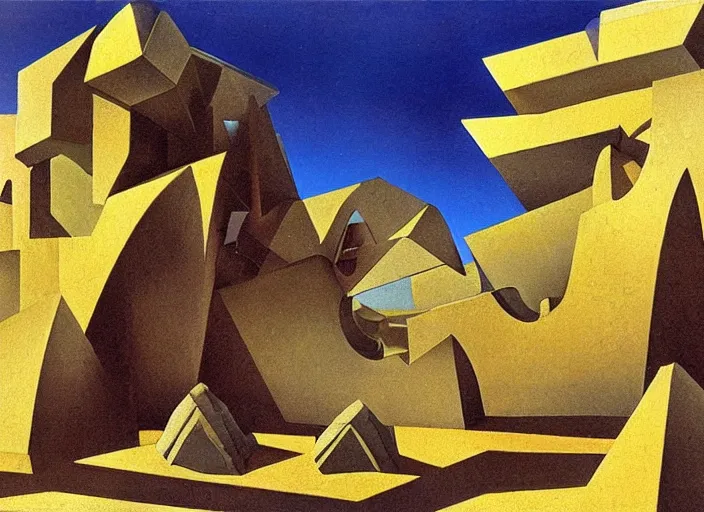 Prompt: strange jagged temple with unusual shapes and angles, unrealistic architectural surrealism by salvador dali