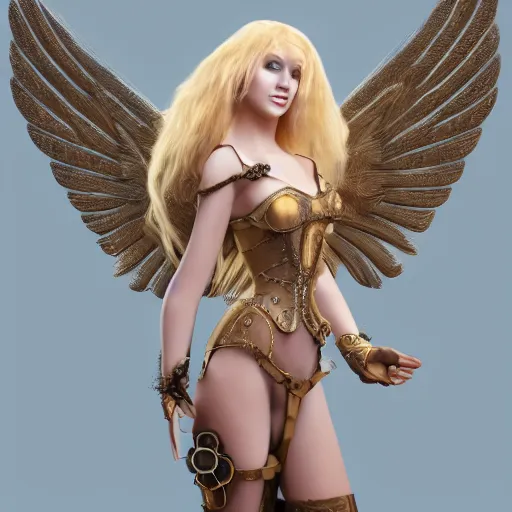 Image similar to pretty blond steampunk angel, 8 k, shallow depth of field, 8 k, ultra high detail, concept art,