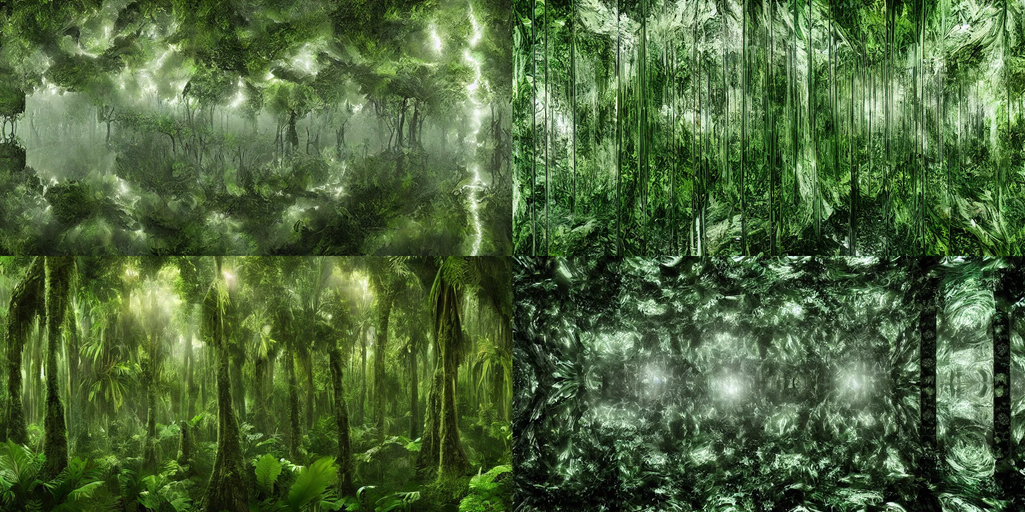 Prompt: a vast ethereal landscape in a lush rainforest, hundreds of mirrors, digital art