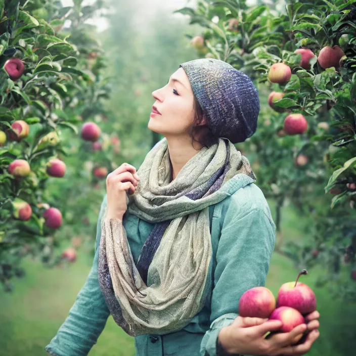 Prompt: a closeup portrait of a woman wearing a muddy iridescent holographic scarf, picking apples from a tree in an orchard, foggy, moody, photograph, by vincent desiderio, canon eos c 3 0 0, ƒ 1. 8, 3 5 mm, 8 k, medium - format print