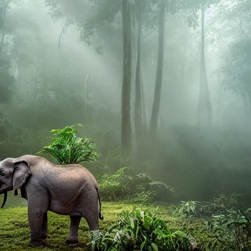 Prompt: an elephant octopus chimera, in a jungle with ominous light from above, ambient light, fog, river