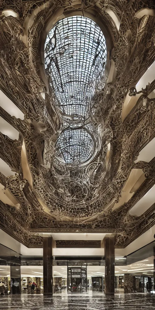 Prompt: a professional photograph of the revolving glass entryway to very beautiful beautiful modern department store by Louis Sullivan and H.R. Giger covered in obsidian and ironwork vines, deep crevices of stone, Chiaroscuro, layers of colorful reflections, rusticated stone base, rusticated stone base, rusticated stone base, crowds of people, crowds of people , Sigma 75mm, ornate, very detailed, Symmetrical composition, centered, intricate, panoramic, Dynamic Range, HDR, very chromatic aberration, Orton effect, 8k, painting by Jeremy Mann, cinematic, vignette, vignette, bokeh , atmospheric, trending on artstation