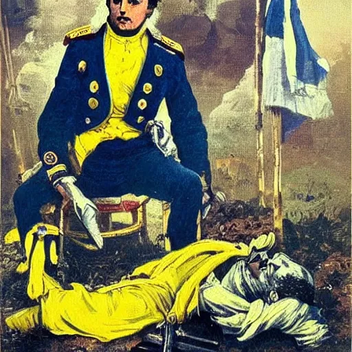 Image similar to a magnificent picture of Volodymyr Zelensky at war, dressed like Napoleon Bonaparte, his clothes are torn and dirty, he is sitting between dead corpses and weeping, holding a half burnt blue and yellow flag of Ukraine, in the style of Roy Lichtenstein