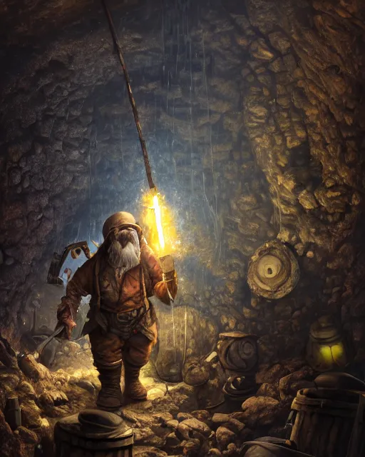 Image similar to oil painting of dwarf miner mining gold with pickaxe, close shot, full body, dark steampunk mine shaft background, sharp focus, fantasy style, octane render, volumetric lighting, 8k high definition, by greg rutkowski, highly detailed, trending on art Station, dungeons and dragons artwork, centered