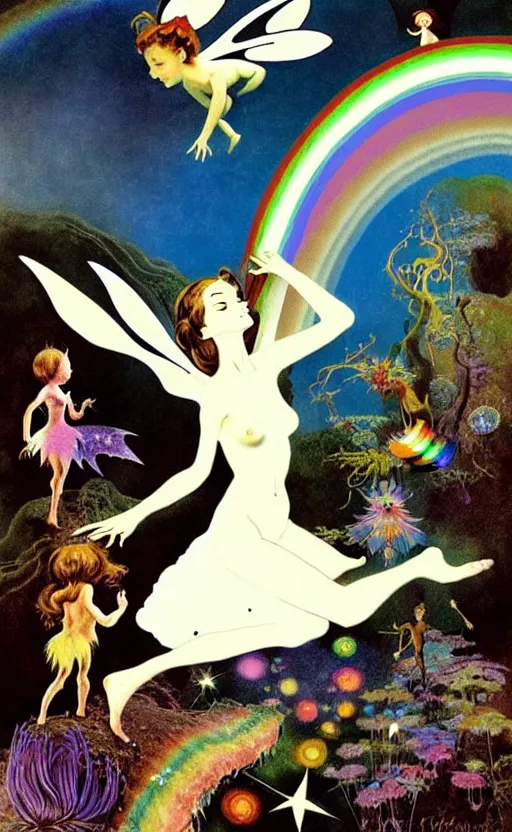 Image similar to small fairies, enchanted forest, small animals, stars in the sky, rainbows, hallucination, psychotropic psychedelic, wide angle shot, white background, vector art, illustration by frank frazetta by salvador dali