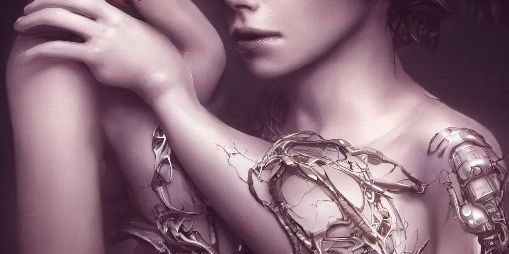 Prompt: hyper realistic photography of a stunningly beautiful cyborg female, elbow, intimate, holding close, in the style of beth cavener, jin kagetsu, wlop, rankin, highly detailed, intricate filigree, symmetry, masterpiece,, concept art, highkey lighting, ambient lighting, octane render, 8 k, artstation