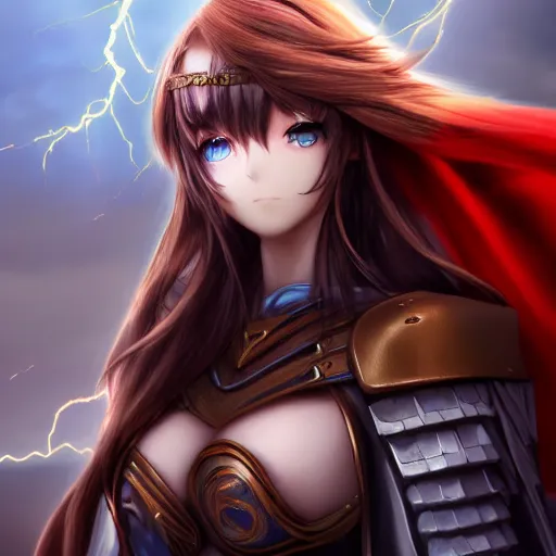 Prompt: render as a very beautiful 3d anime girl, long braided brown hair, one red eye, one blue eye, full round face, short smile, decorative leather armor, blue cape, cinematic lightning, long shot, Wide-shot, highly detailed, trending on Artstation, Unreal Engine 4k, cinematic wallpaper