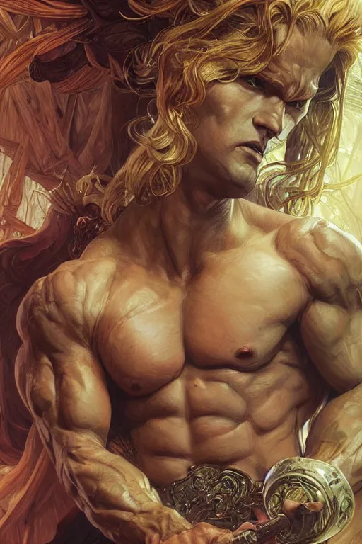 Image similar to portrait of blonde douchebag as a hulking herculean demon, forest, godlike, full body, fantasy, intricate, elegant, highly detailed, digital painting, artstation, concept art, sharp focus, illustration, art by artgerm and greg rutkowski and alphonse mucha