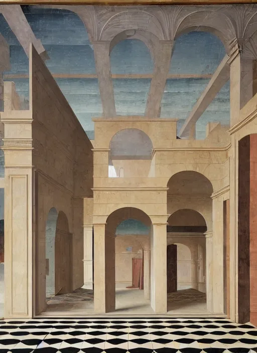 Prompt: renaissance sharp painting of a ethereal room with pastel colors room in central perspective, checkered floor and bright colors in the style of piero della francesca