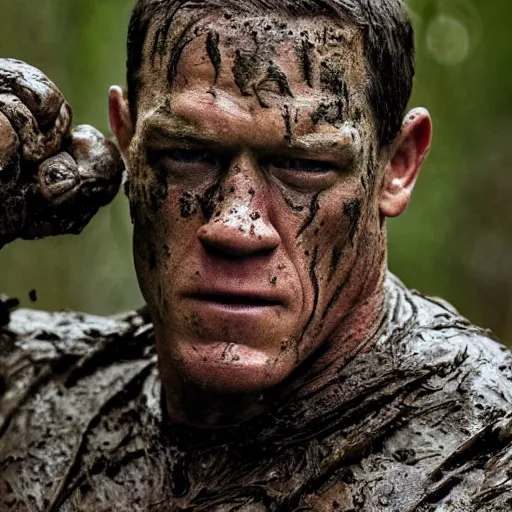 Prompt: film still of john cena as major dutch, covered in mud and hiding, a blurred predator is visible in swamp scene in 1 9 8 7 movie predator, hd, 8 k