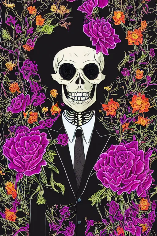 Prompt: portrait of a skeleton in a black suit and tie with flower shirt, vivid flower background by Jen Bartel and Dan Mumford and Satoshi Kon, gouache illustration