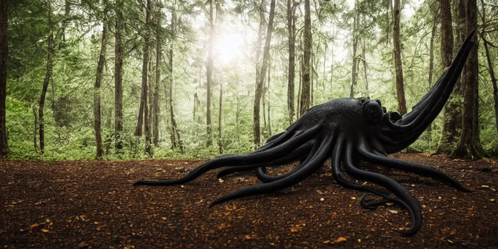 Prompt: a huge black octopus in the middle of a forest, winding around trees, beautiful ambient light, 8k photography