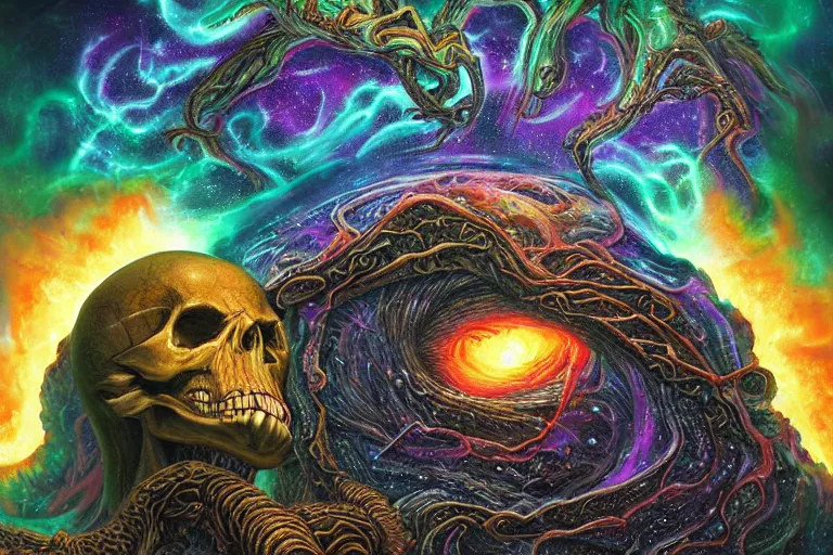 Image similar to a giant skull and flesh creature with deep and intricate rune carvings and glowing eyes and twisting lovecraftian tentacles emerging from a space nebula by dan mumford, twirling smoke trail, a twisting vortex of dying galaxies, digital art, photorealistic, vivid colors, highly detailed, intricate