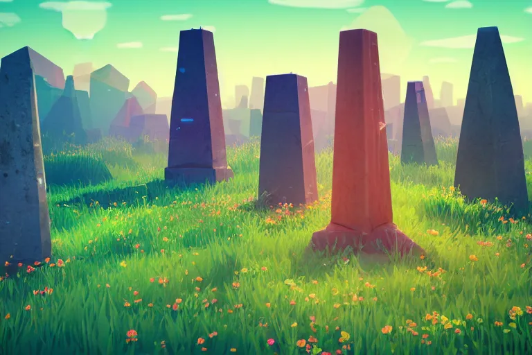 Image similar to super detailed color lowpoly art, overgrown mystical meadow with numerous trees, ancient stone obelisks with subtle glowing runes, unreal engine, retrowave color palette, 3 d render, lowpoly, colorful, digital art, perspective