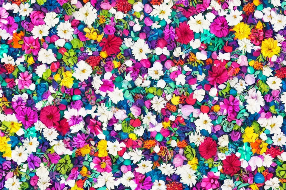 Image similar to a bouquet of multicolored alien flowers on a white background