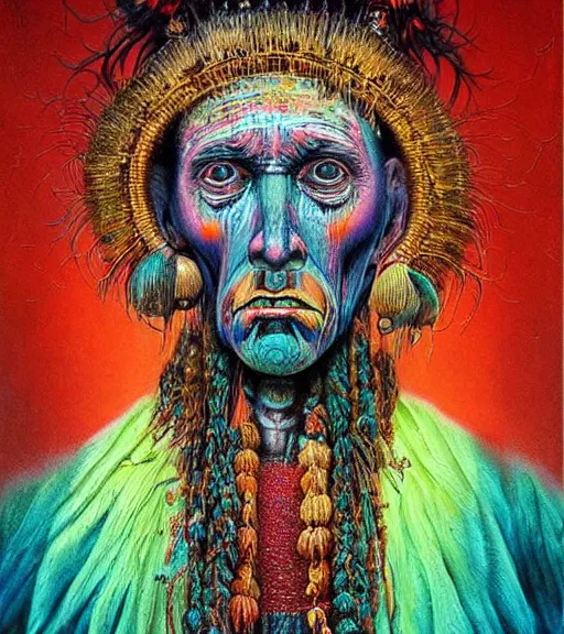 Image similar to Portrait painting in a style of Beksinski mixed with Alex Grey of an old shaman dressed in a colorful traditional clothes. Very psychodelic