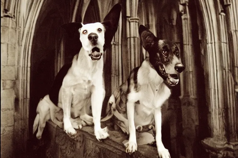 Prompt: a portrait of a smiling dog in a gothic church by jacques lartigue, fine portrait, beautiful, symbolic, analog photography