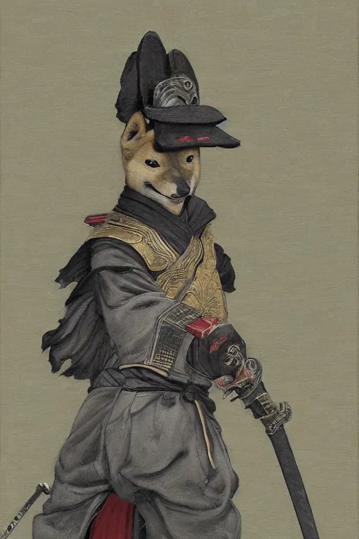 Image similar to a detailed matte portrait of an anthropomorphic shiba inu dressed as a samurai, shiba inu face, very large katana leaning against the side of a tavern, city streets, masterpiece, 8 k, art by donato giancola and greg rutkowski and wayne barlow and zdzisław beksinski