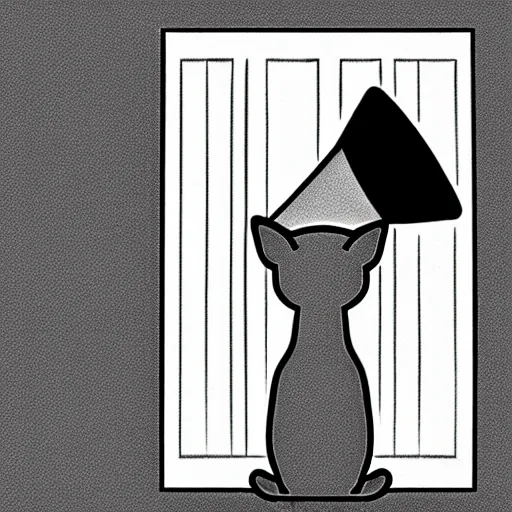 Image similar to a grey british short cat is sitting in front of a closed white door. the cat is holding a megaphone. the cat is meowing through the megaphone. manga art. black and white.