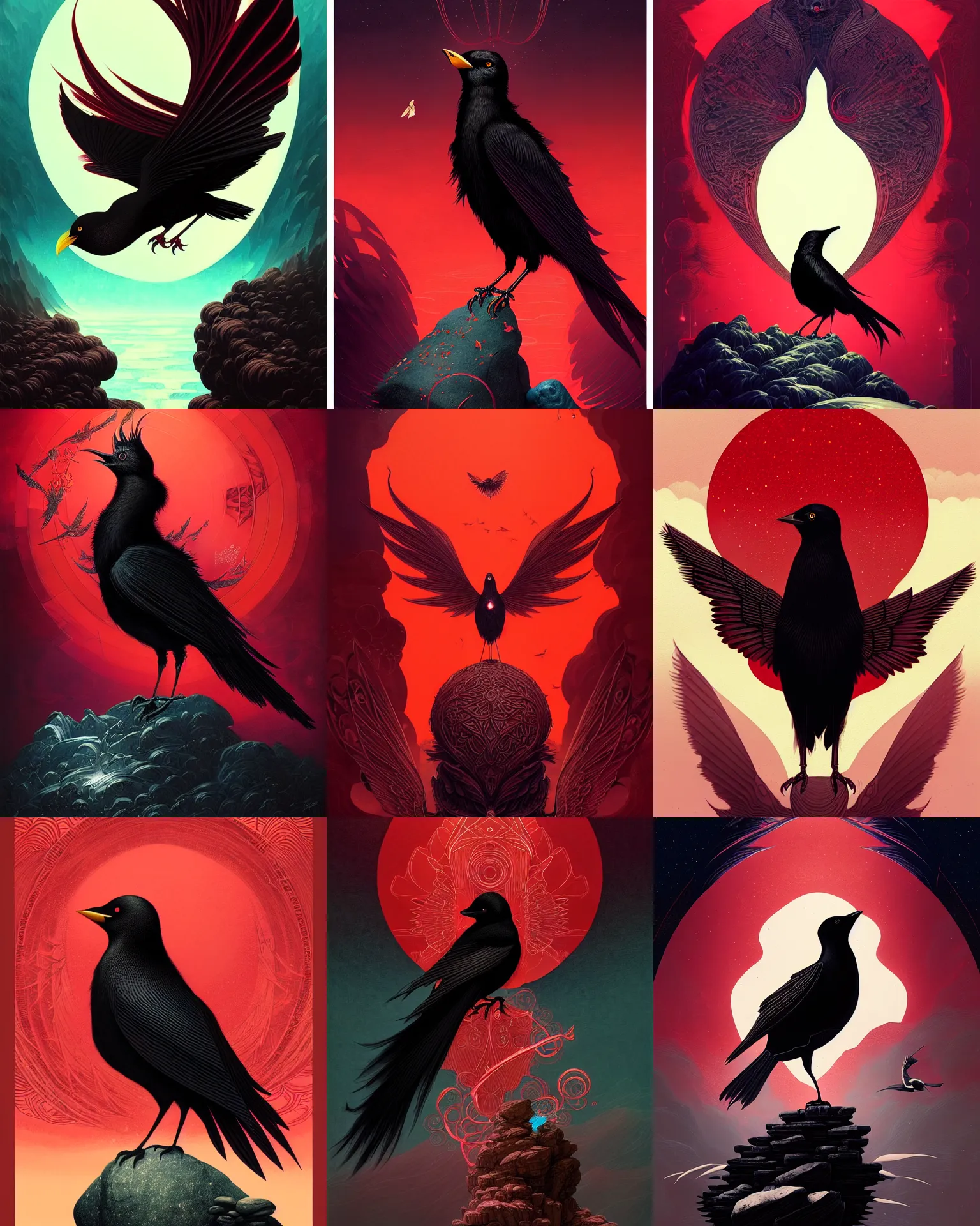 Prompt: beautiful digital fantasy illustration of a black bird with a red background, poster art by victo ngai, behance contest winner, vanitas, wiccan, tarot card, angel sitting on a rock, abyssal warmth, an ultrafine detailed painting by peter mohrbacher, high detail texture, unreal engine, 8 k, photographic quality, ultra hyper realistic quality