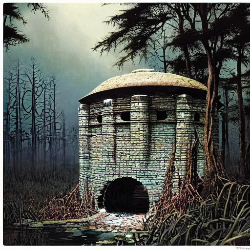 Prompt: pillbox paragonpunk fortress half-sunk in a noxious Swamp, by Colleen Doran and by Angus McBride and by Ted Nasmith, low angle dimetric composition, insurmountable, 3-point perspective