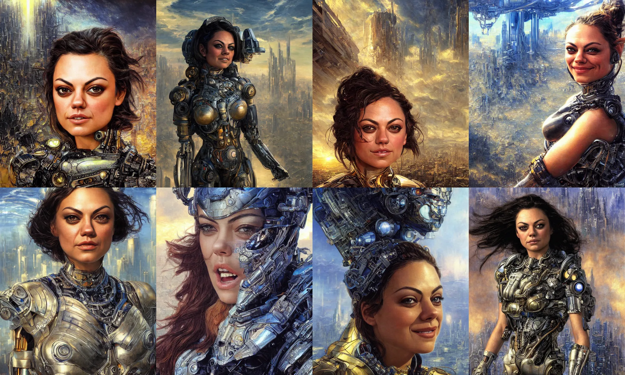 Prompt: close - up portrait of epic mila kunis smiling into camera, intricate cyborg armor, vista of futuristic city, windy, golden hour, wlop, by gerald brom, by mikhail vrubel, by peter elson, muted colors, extreme detail, trending on artstation